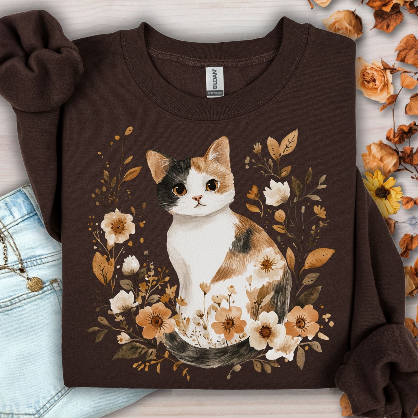 Autumn Calico Cat & Wildflowers Sweatshirt
