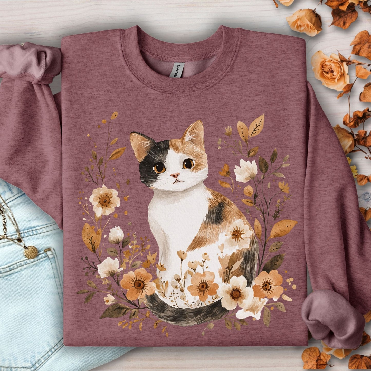 Autumn Calico Cat & Wildflowers Sweatshirt