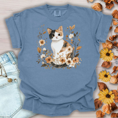 Autumn Calico Cat with Wildflowers T-Shirt