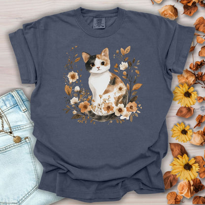 Autumn Calico Cat with Wildflowers T-Shirt
