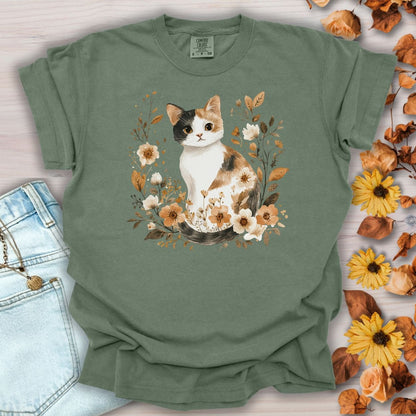 Autumn Calico Cat with Wildflowers T-Shirt