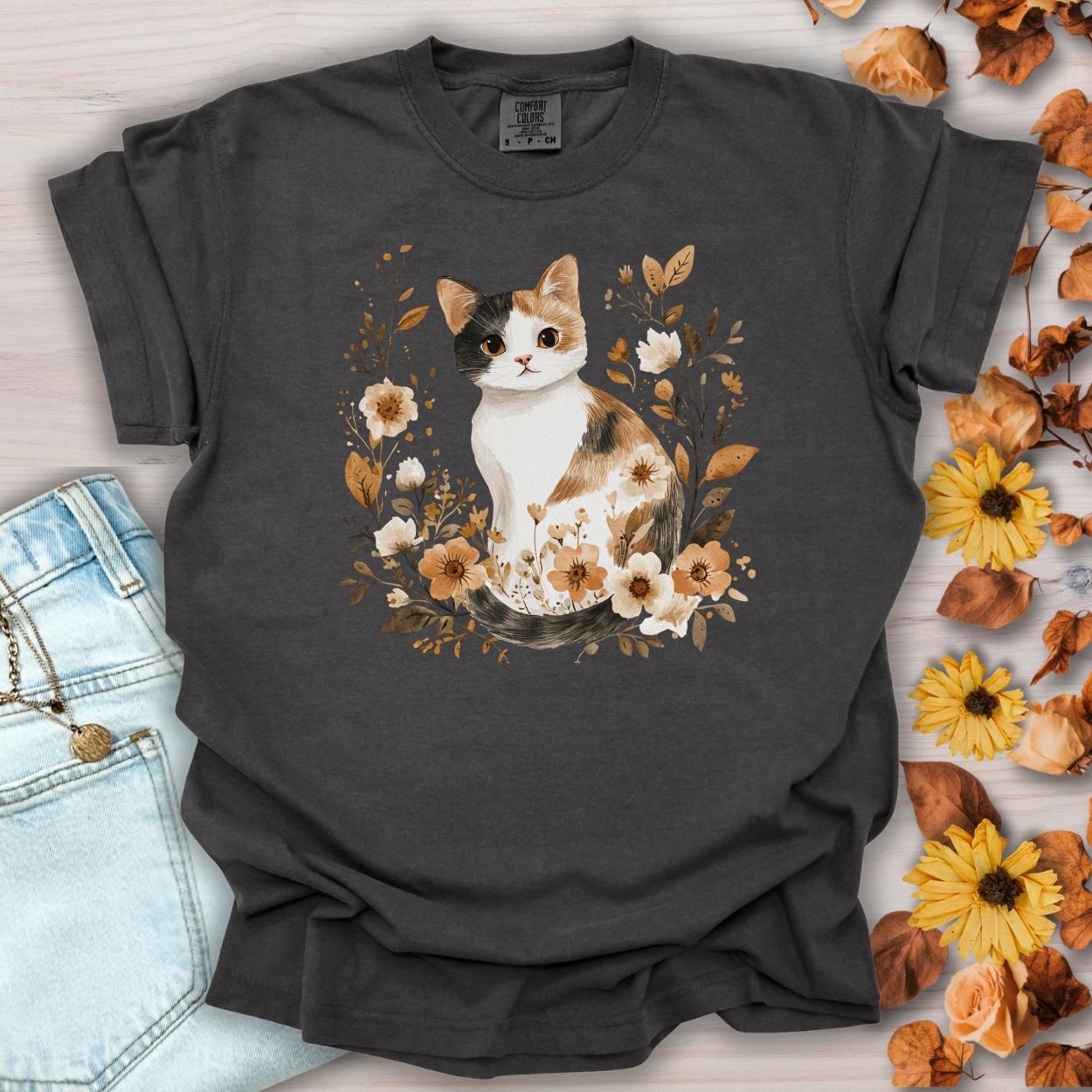 Autumn Calico Cat with Wildflowers T-Shirt