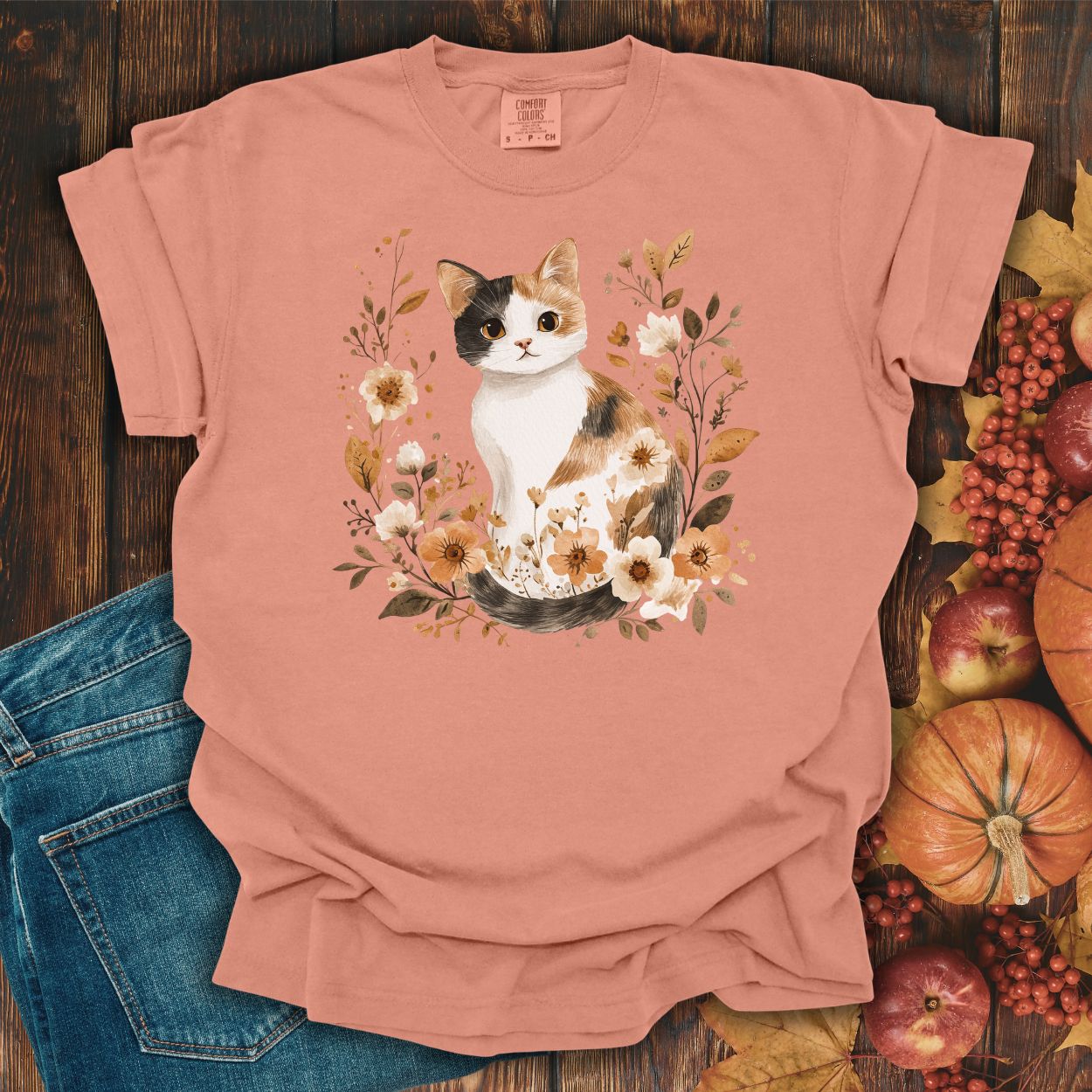 Autumn Calico Cat with Wildflowers T-Shirt