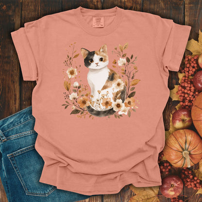 Autumn Calico Cat with Wildflowers T-Shirt