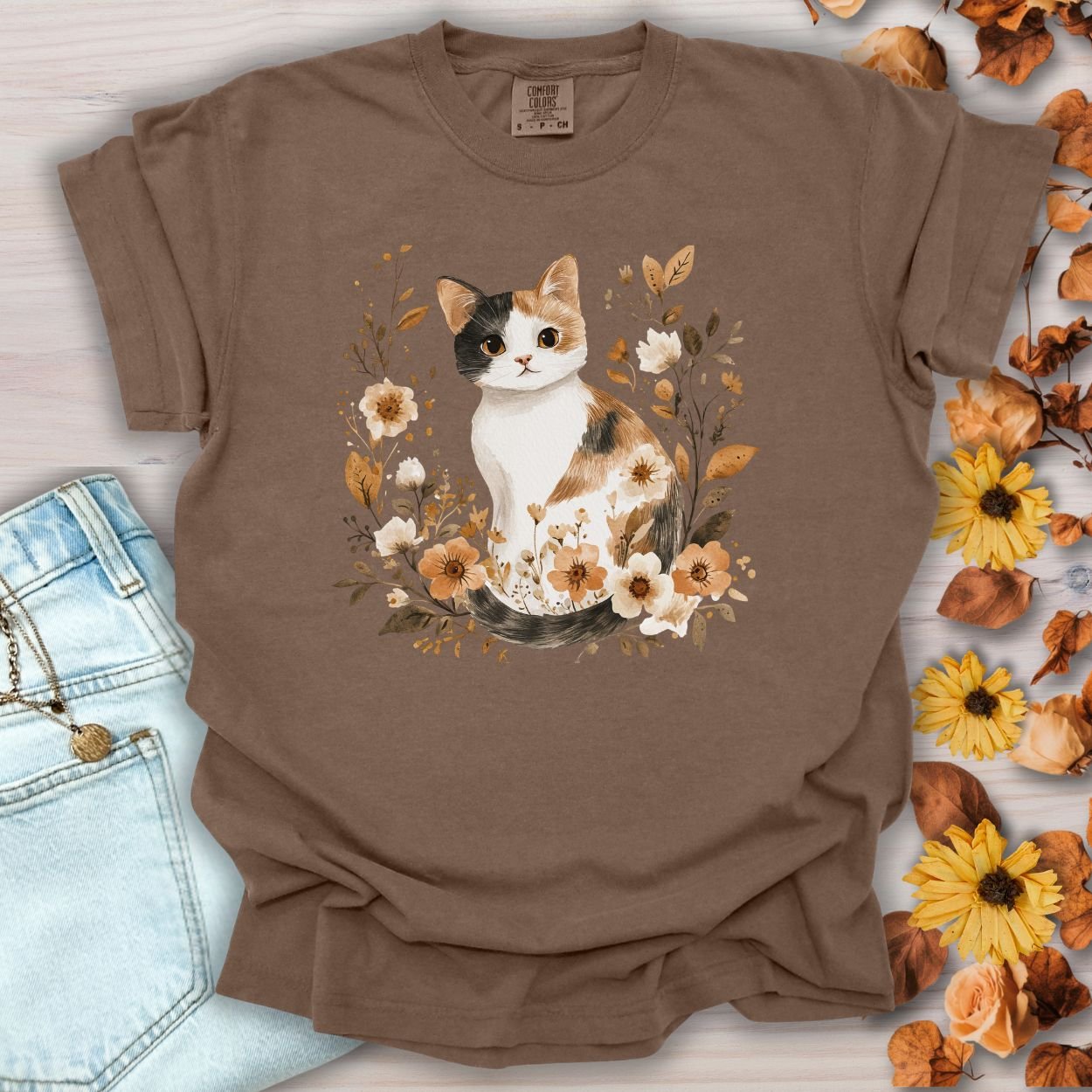 Autumn Calico Cat with Wildflowers T-Shirt