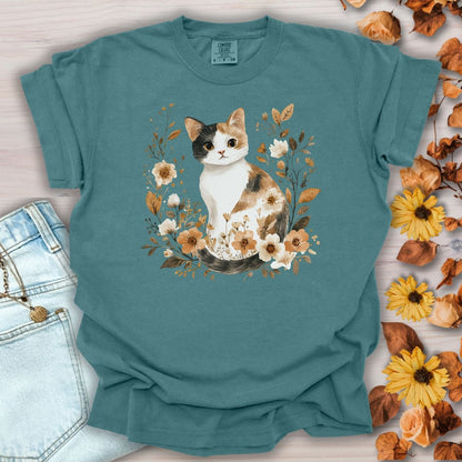 Autumn Calico Cat with Wildflowers T-Shirt