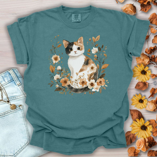 Autumn Calico Cat with Wildflowers T-Shirt