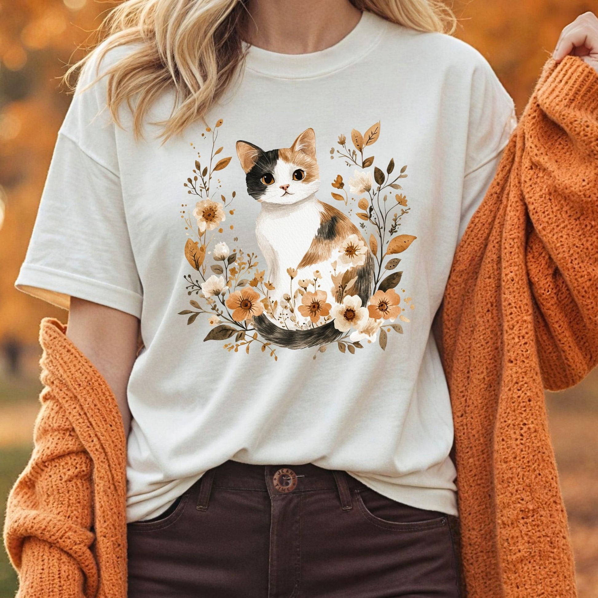 Autumn Calico Cat with Wildflowers T-Shirt