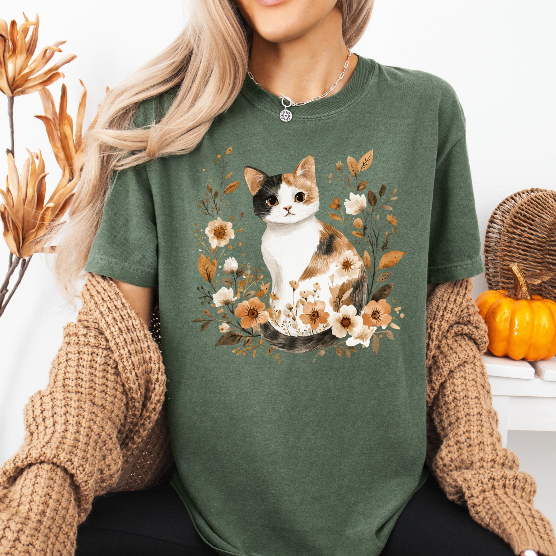 Autumn Calico Cat with Wildflowers T-Shirt