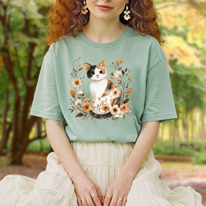 Autumn Calico Cat with Wildflowers T-Shirt