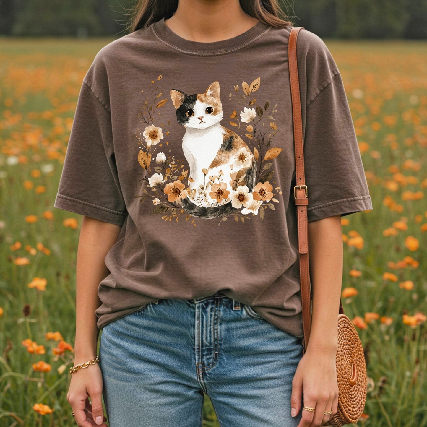 Autumn Calico Cat with Wildflowers T-Shirt