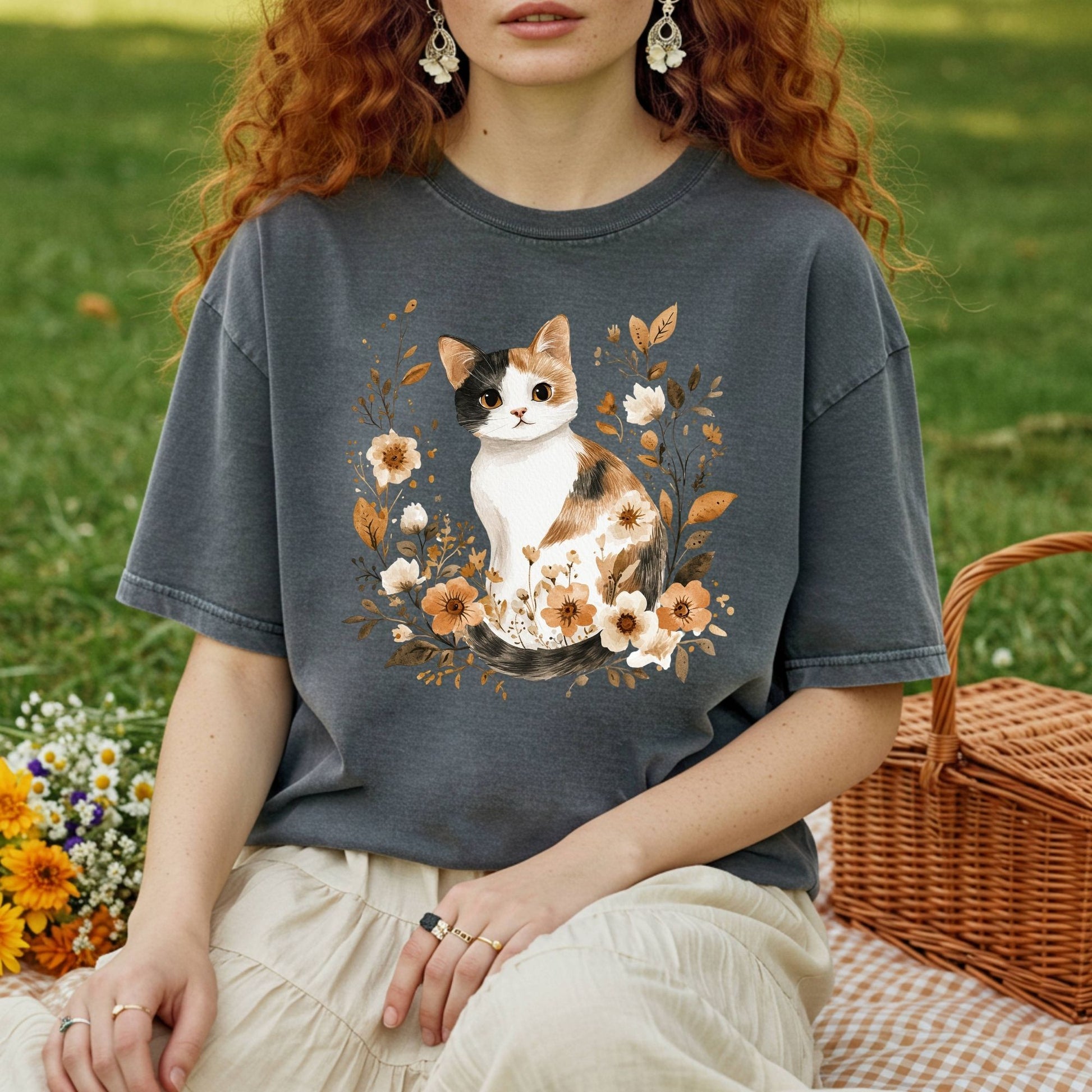 Autumn Calico Cat with Wildflowers T-Shirt