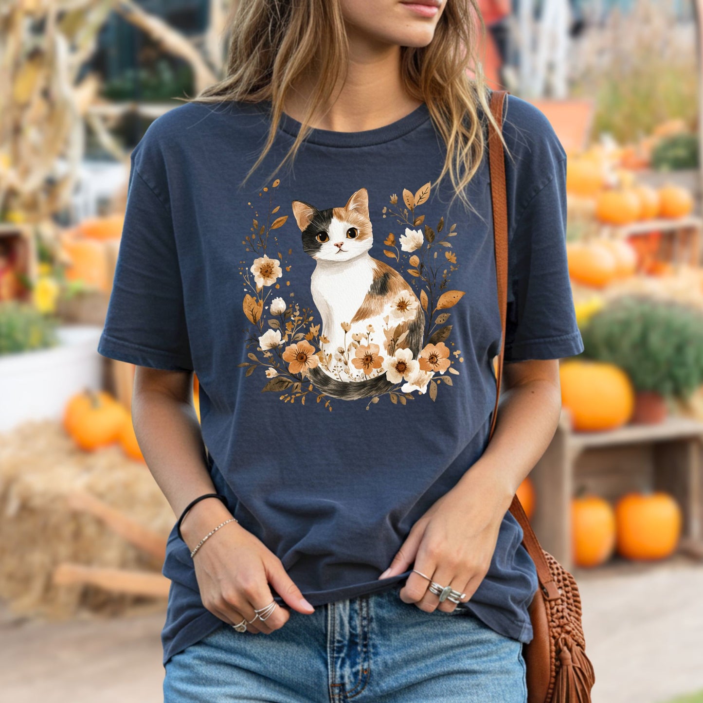 Autumn Calico Cat with Wildflowers T-Shirt