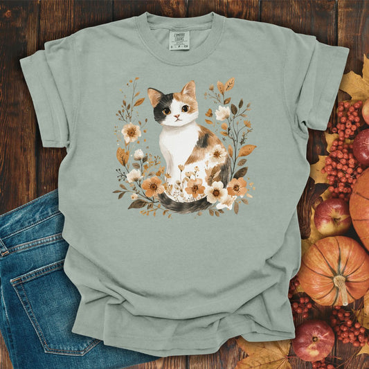 Autumn Calico Cat with Wildflowers T-Shirt