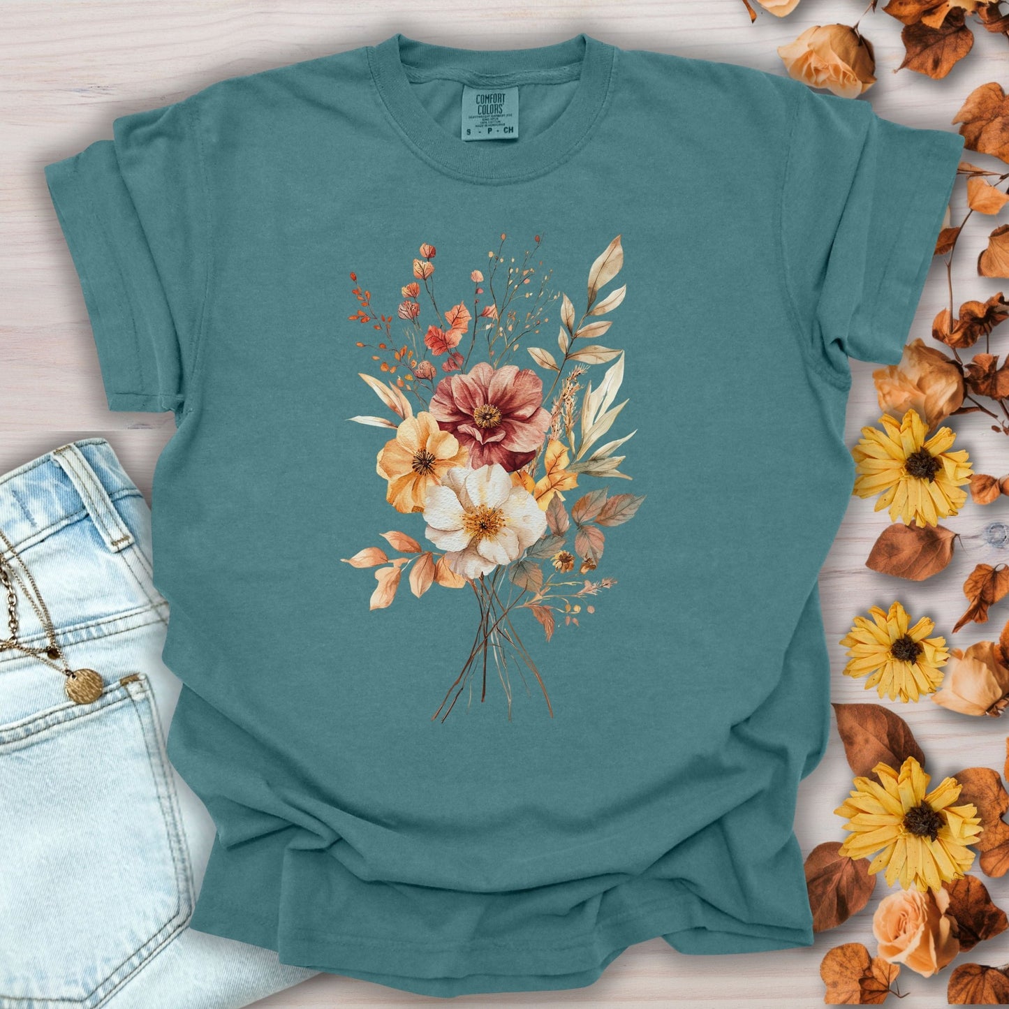 Autumn Dahlia Watercolor Bouquet T-Shirt