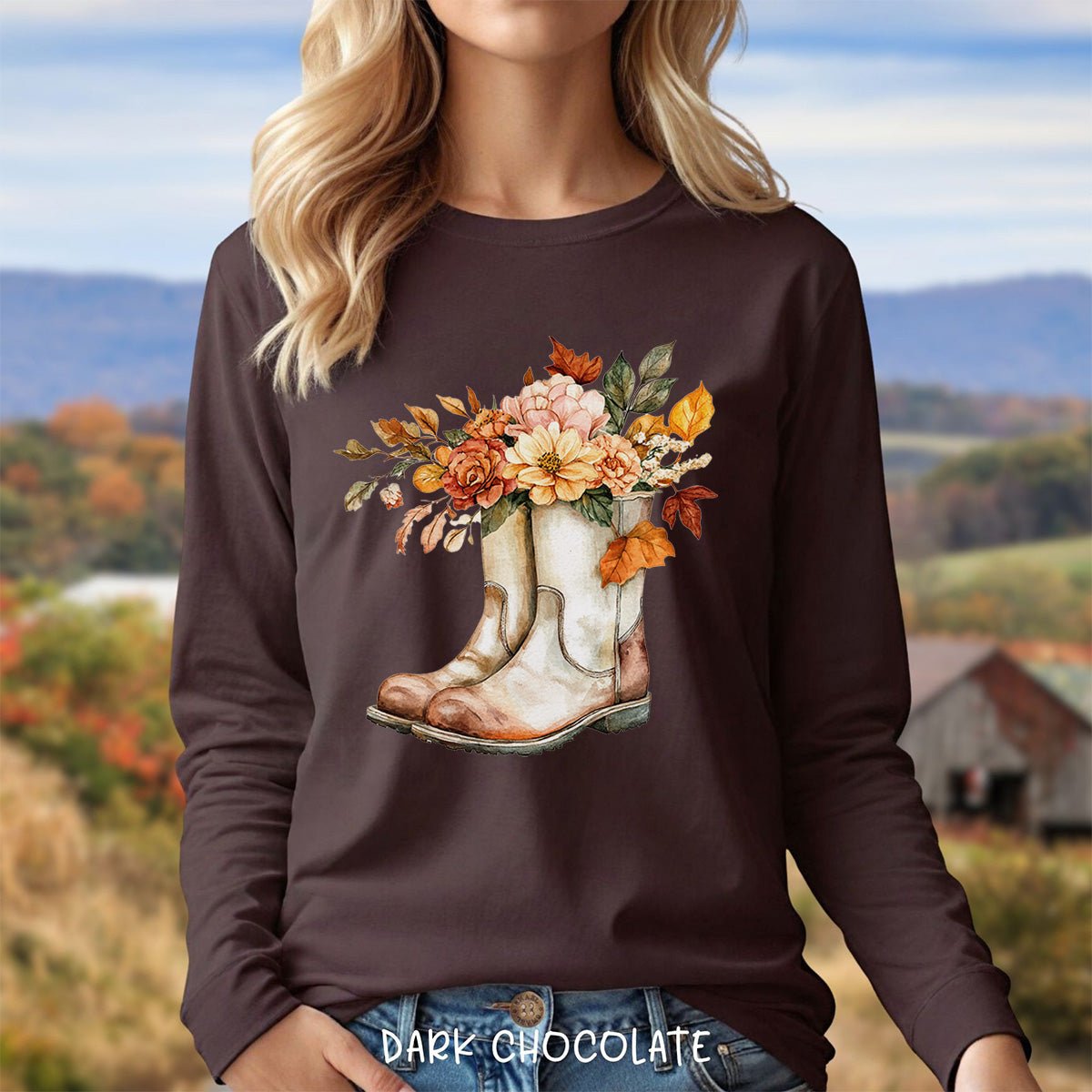 Autumn Floral Gardening Boots Long Sleeve T-Shirt