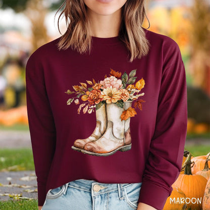 Autumn Floral Gardening Boots Long Sleeve T-Shirt