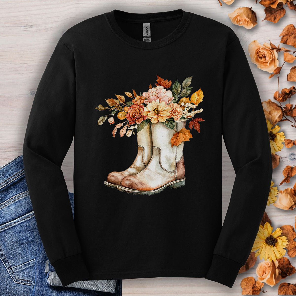 Autumn Floral Gardening Boots Long Sleeve T-Shirt