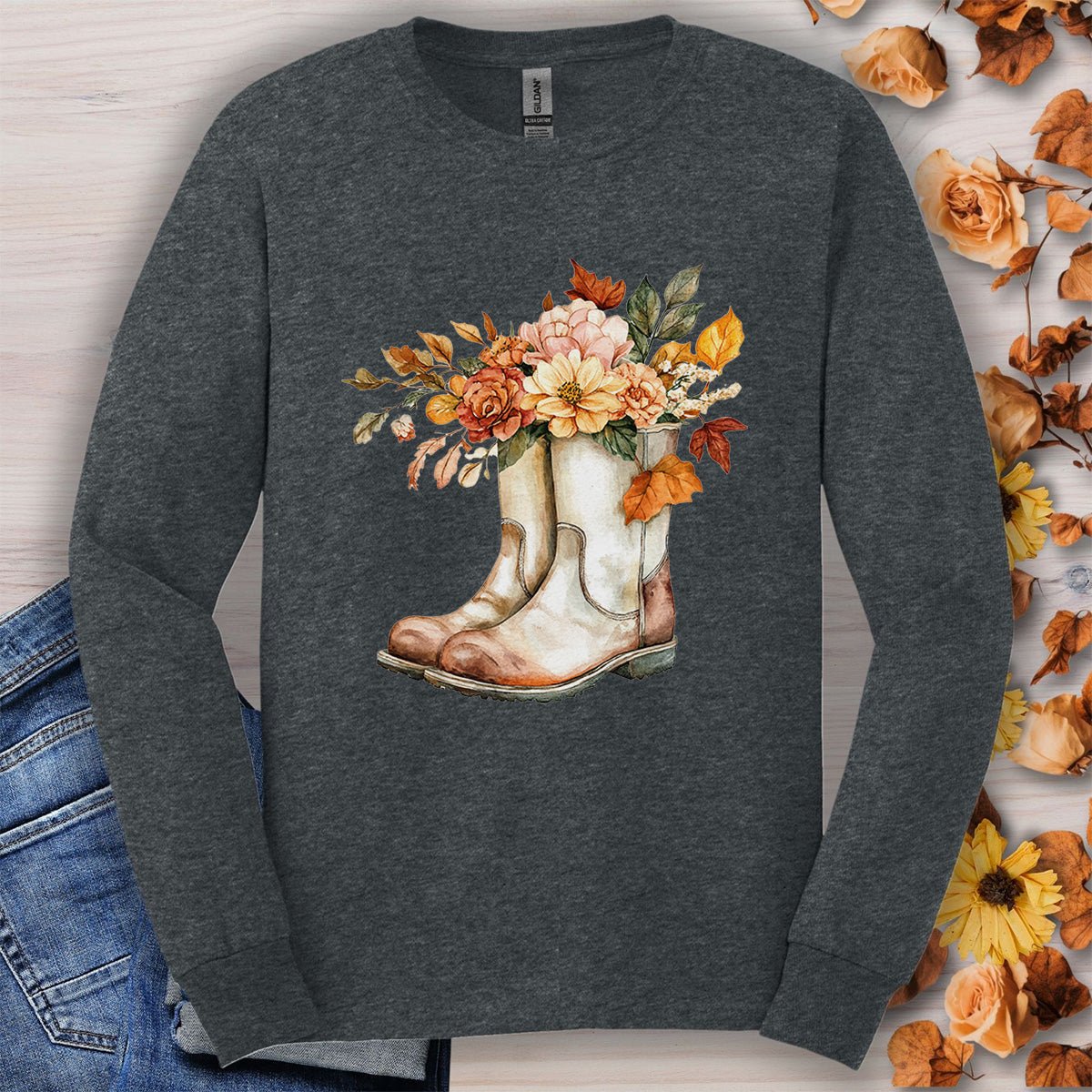 Autumn Floral Gardening Boots Long Sleeve T-Shirt