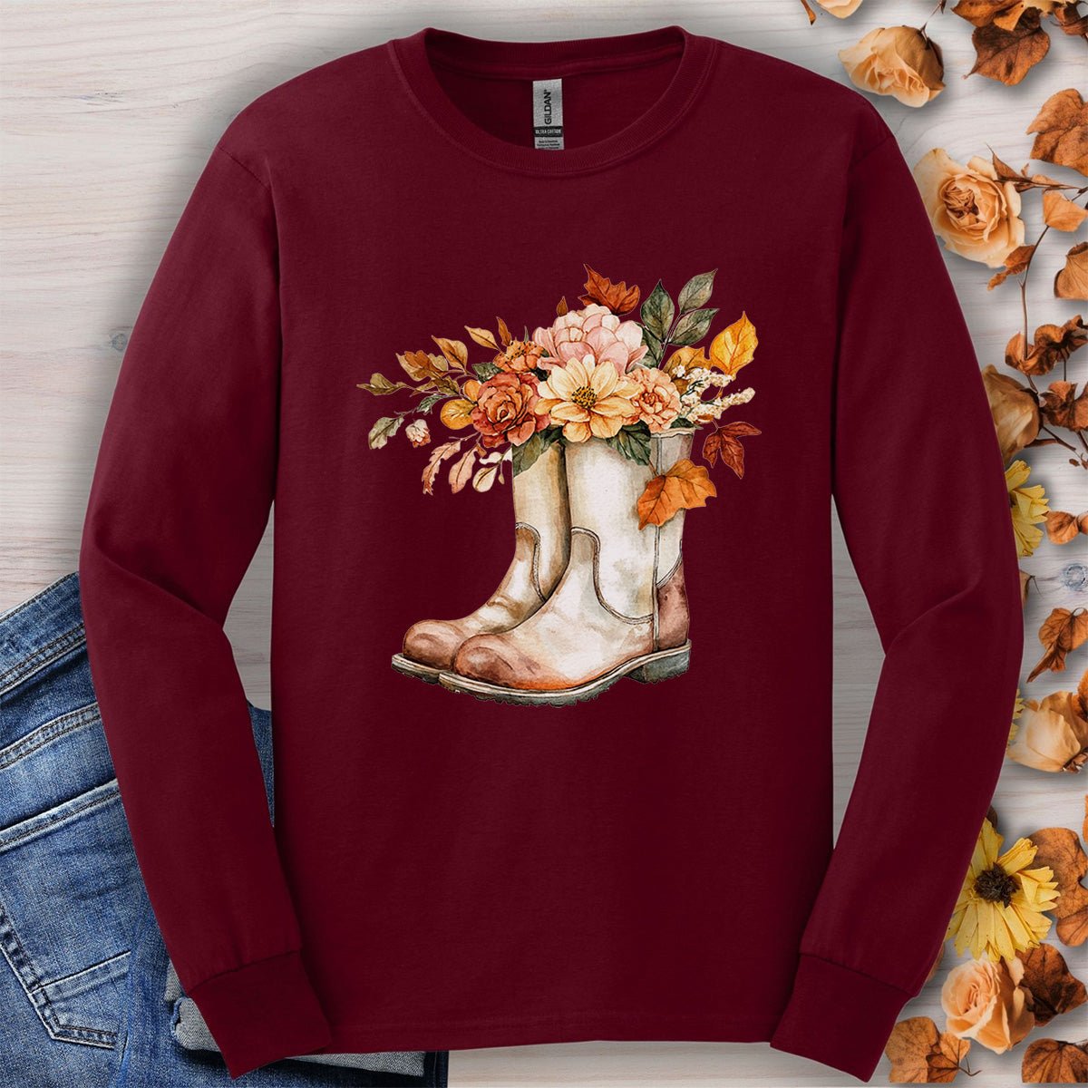 Autumn Floral Gardening Boots Long Sleeve T-Shirt