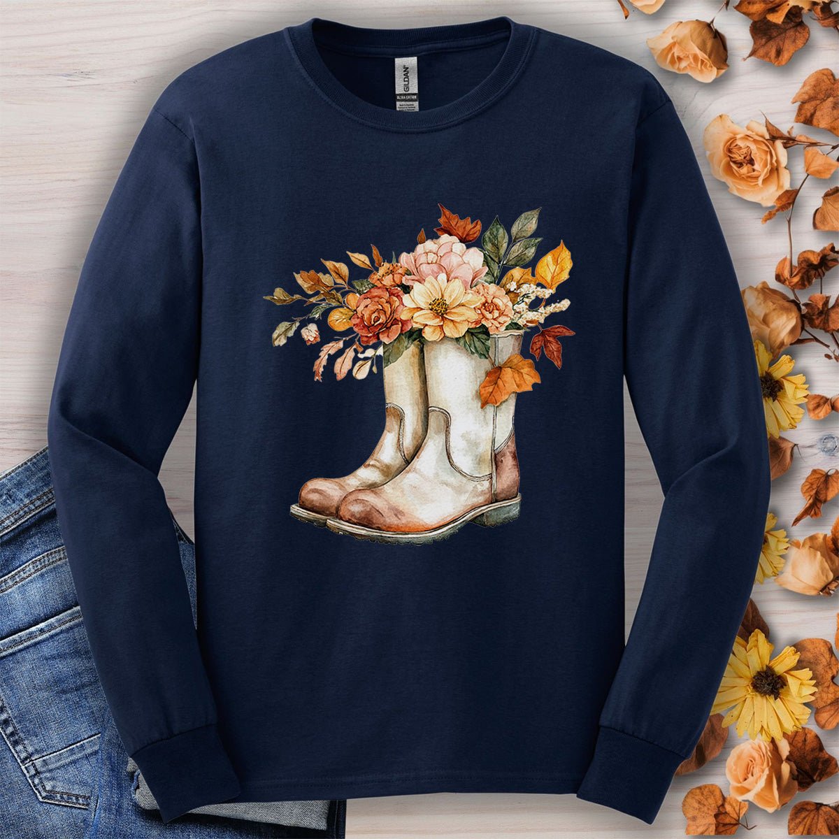 Autumn Floral Gardening Boots Long Sleeve T-Shirt