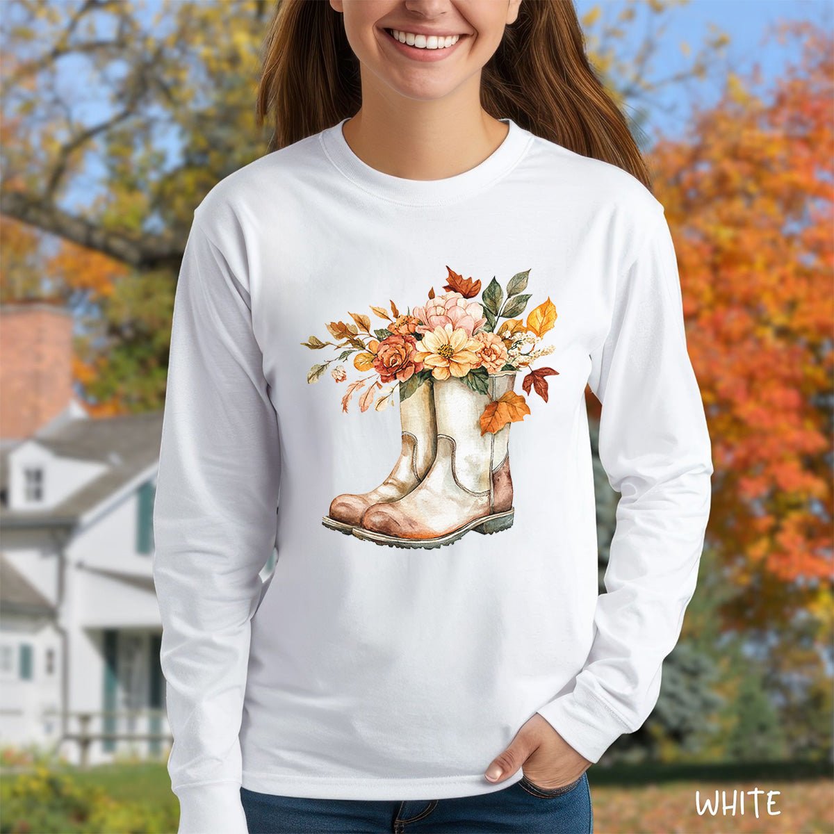 Autumn Floral Gardening Boots Long Sleeve T-Shirt