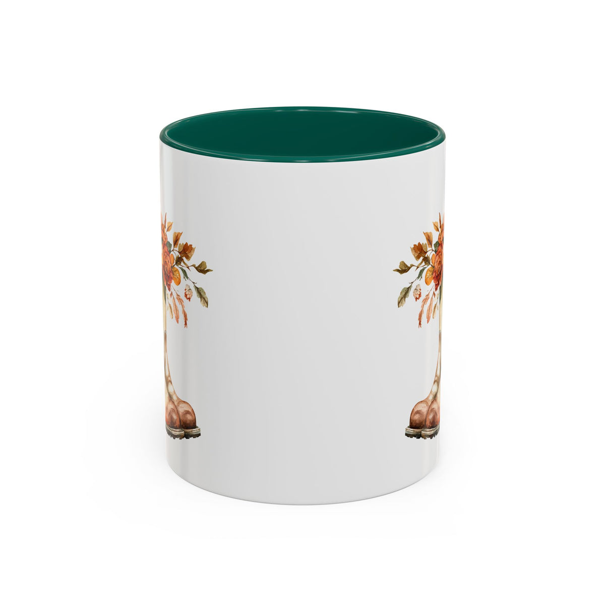 White ceramic mug with green interior and handle, featuring a watercolor design of cowboy boots overflowing with autumn flowers.