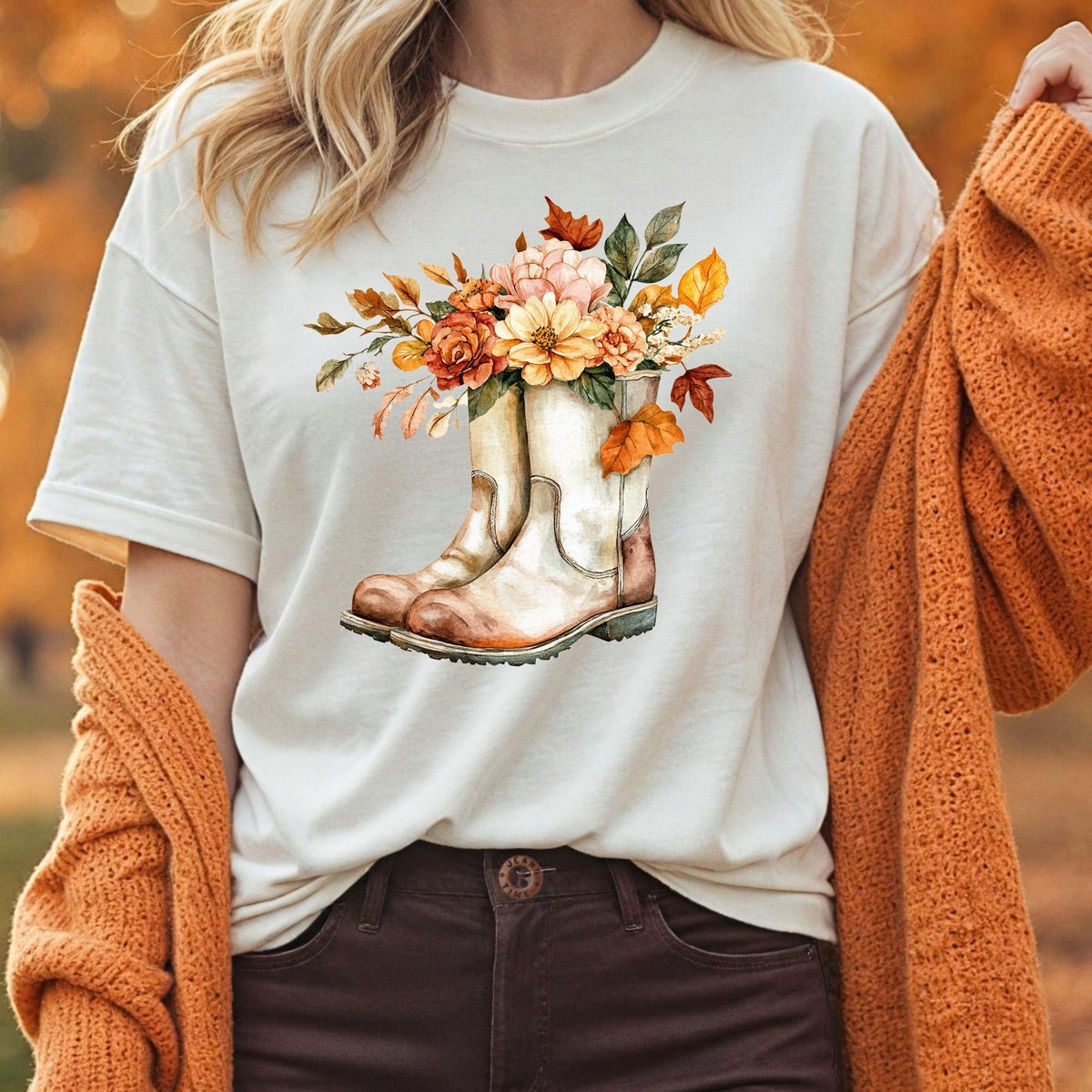 Relaxed-fit, garment-dyed white tee with watercolor cowboy boots brimming with autumn flowers.