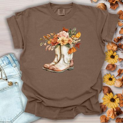 Espresso garment-dyed cotton t-shirt with watercolor cowboy boots and autumn flowers.