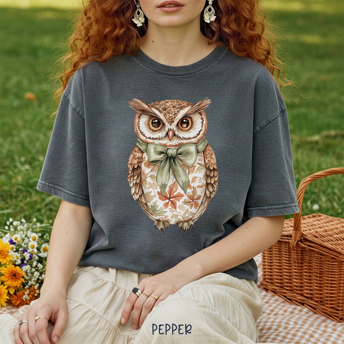 Autumn Floral Owl with Bow T-Shirt