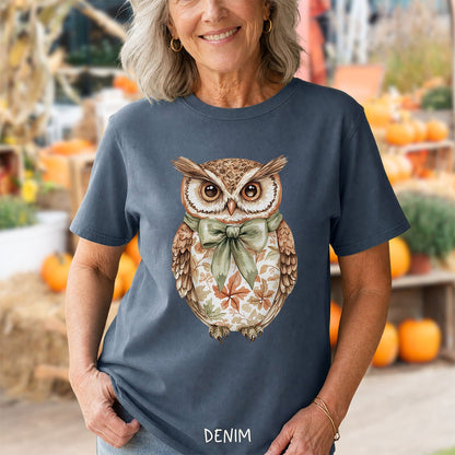 Autumn Floral Owl with Bow T-Shirt
