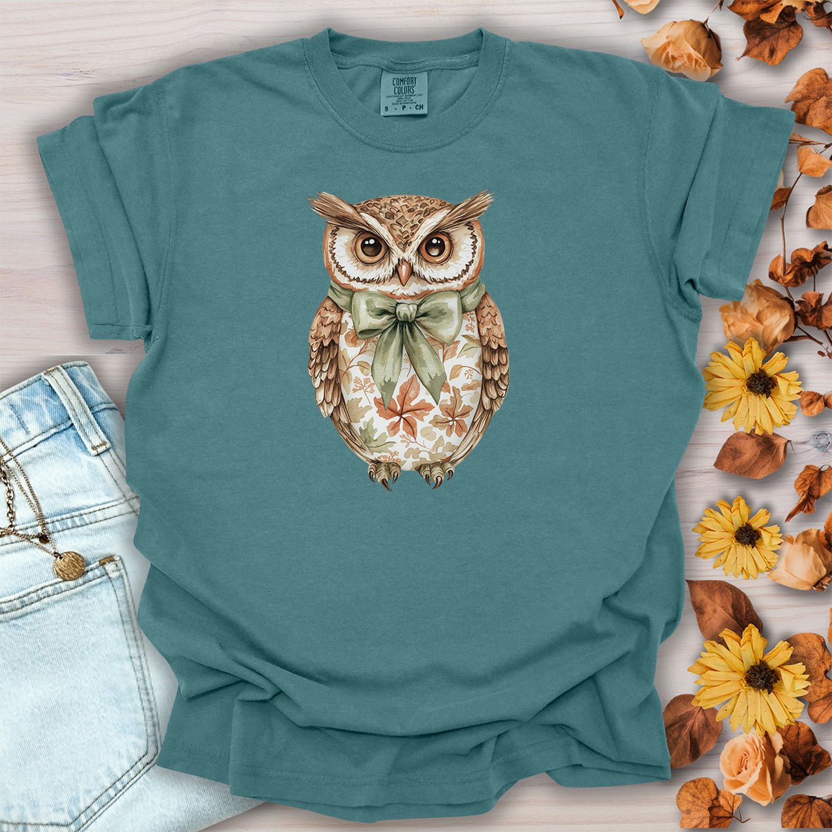 Autumn Floral Owl with Bow T-Shirt