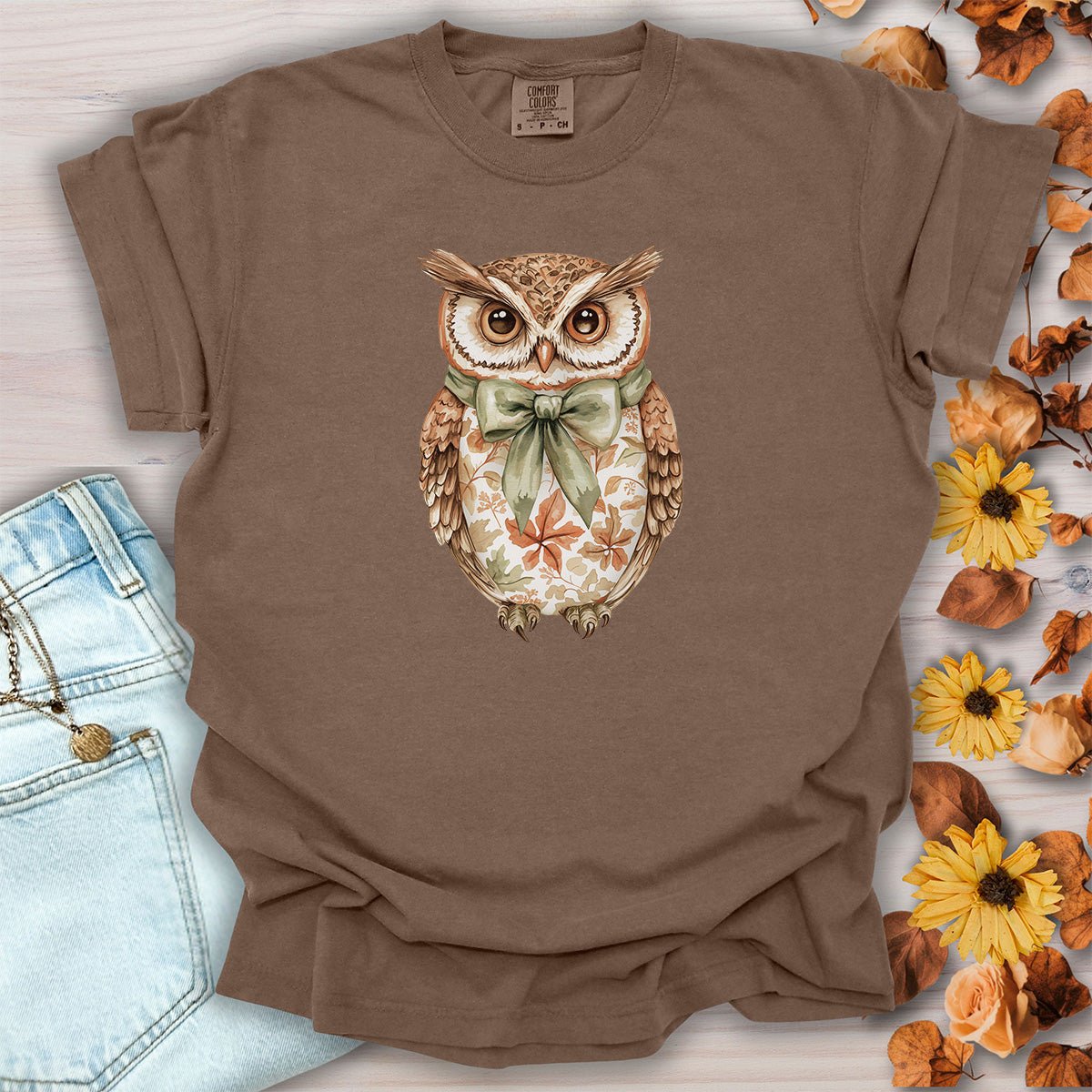 Autumn Floral Owl with Bow T-Shirt