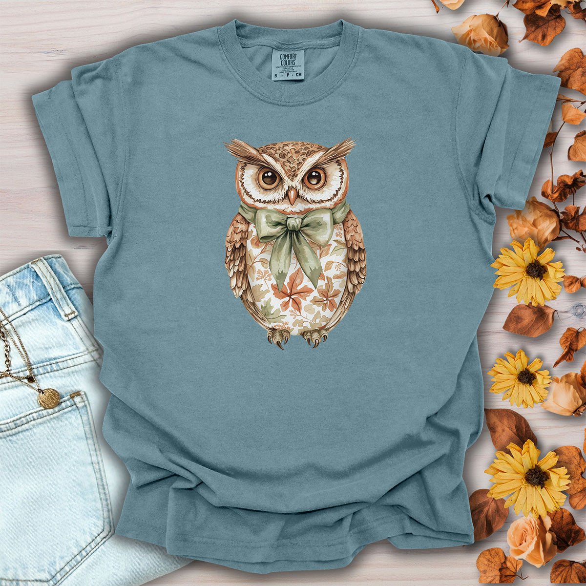 Autumn Floral Owl with Bow T-Shirt