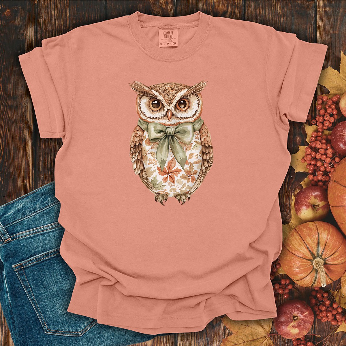 Autumn Floral Owl with Bow T-Shirt