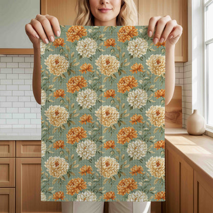 Autumn Floral Vintage Mums Tea Towel