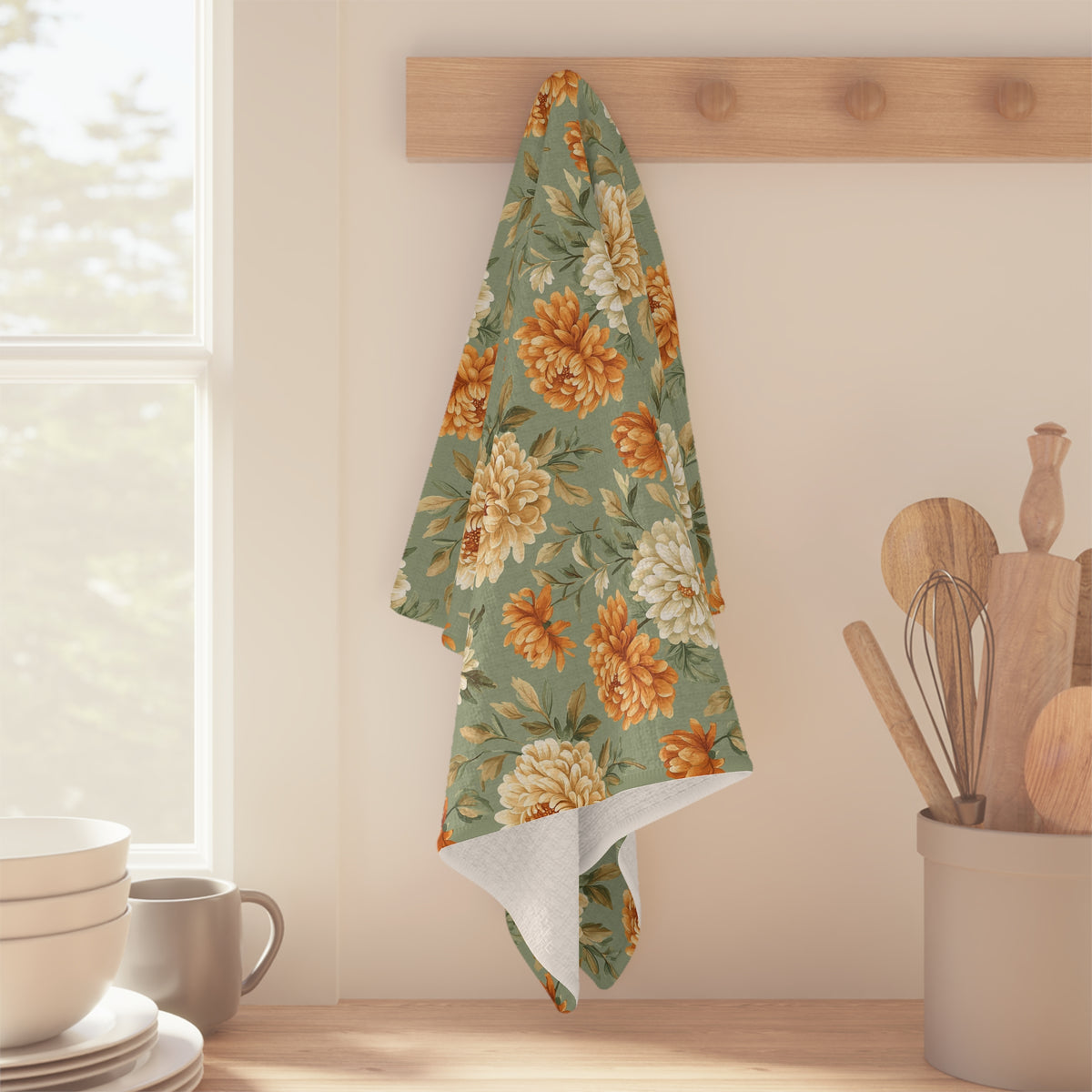 Autumn Floral Vintage Mums Tea Towel