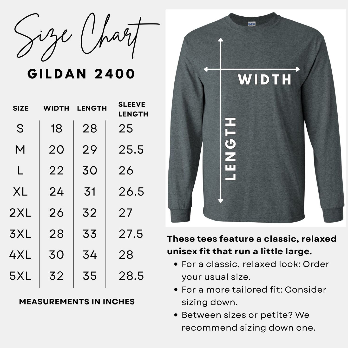 Gildan 2400 long sleeve tee size chart with width and length measurements in inches.