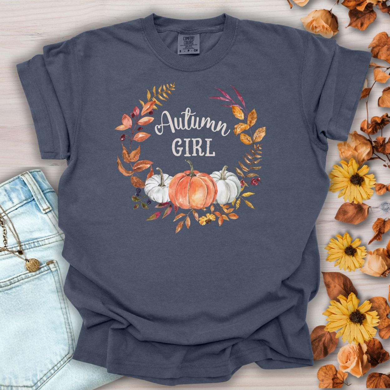 Autumn Girl Floral Pumpkin T-Shirt