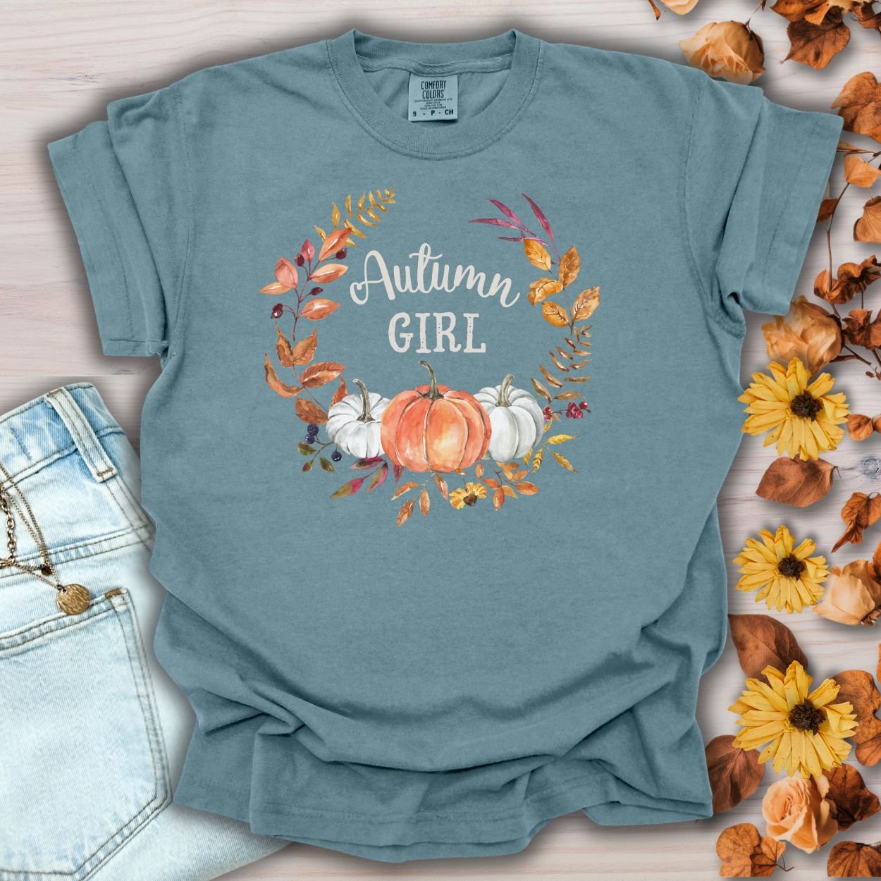Autumn Girl Floral Pumpkin T-Shirt