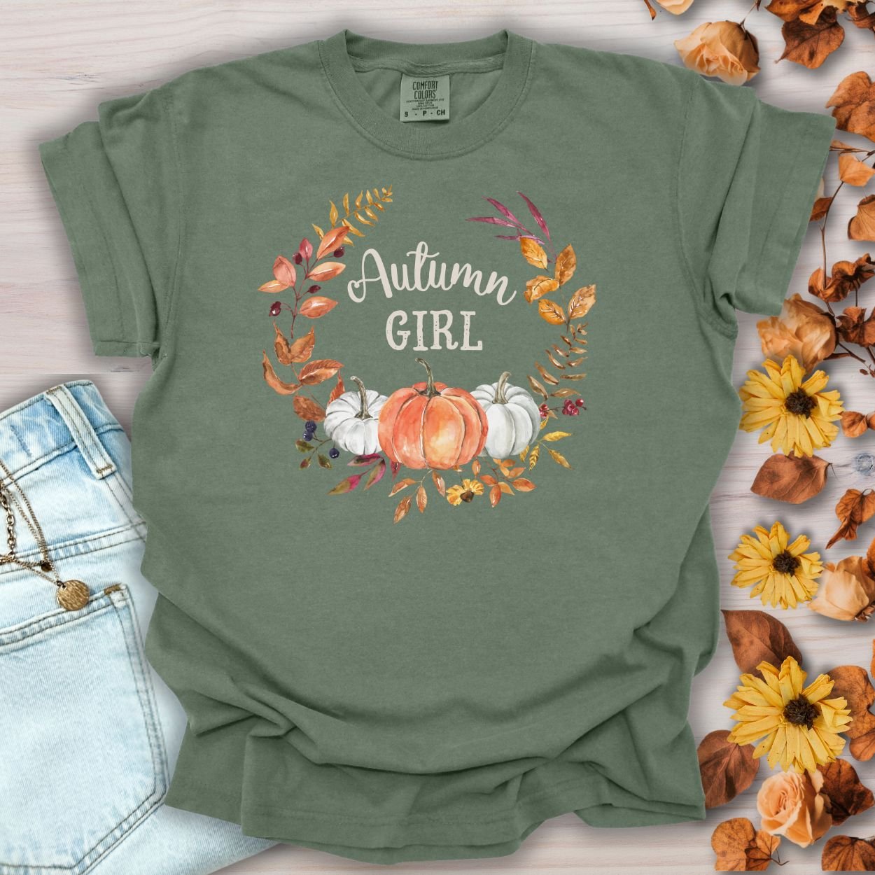 Autumn Girl Floral Pumpkin T-Shirt