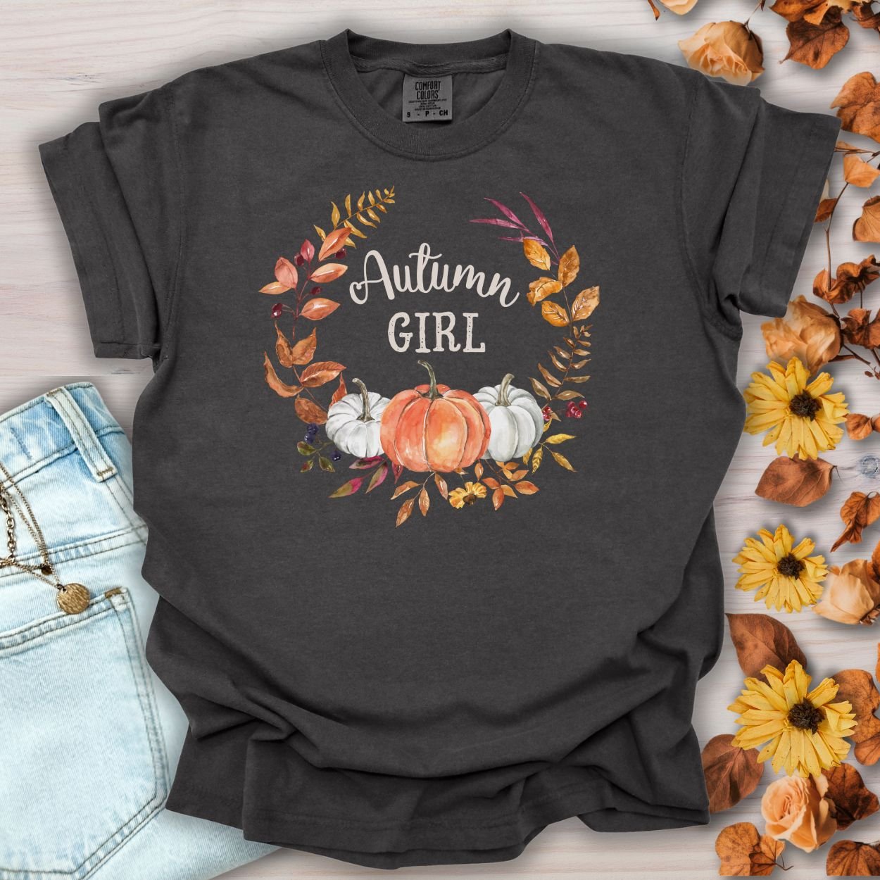 Autumn Girl Floral Pumpkin T-Shirt