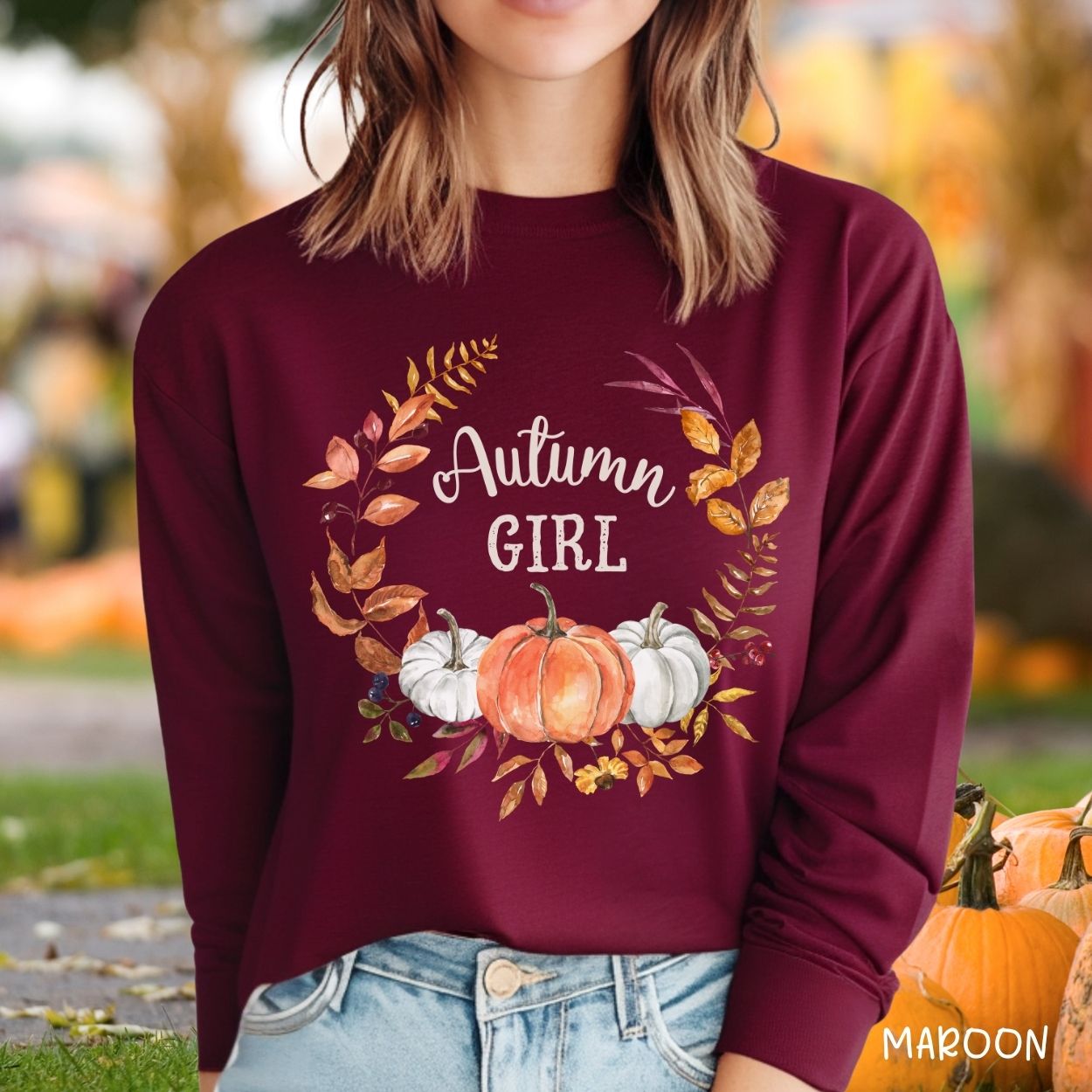 Autumn Girl Pumpkin Wreath Long Sleeve Tee