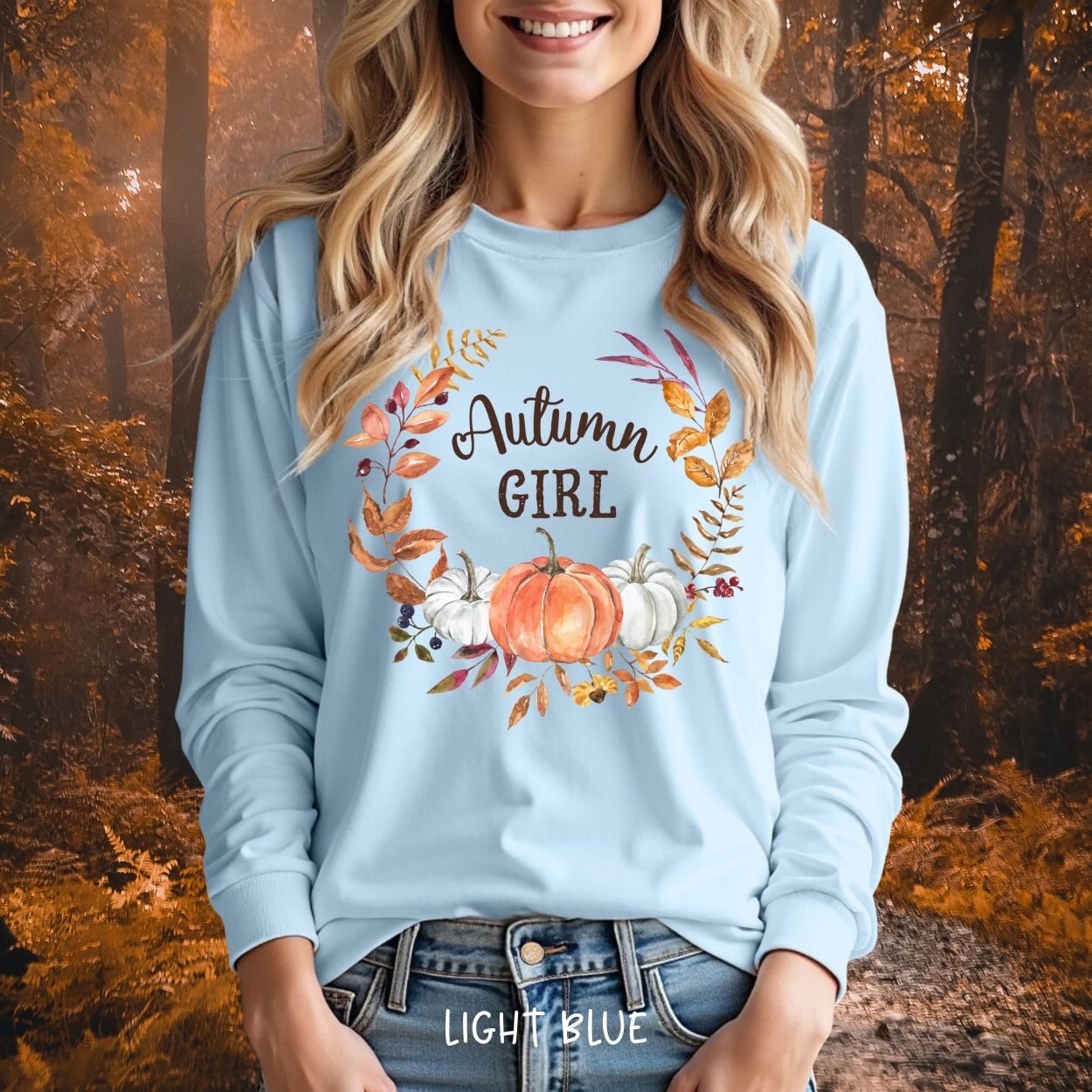 Autumn Girl Pumpkin Wreath Long Sleeve Tee
