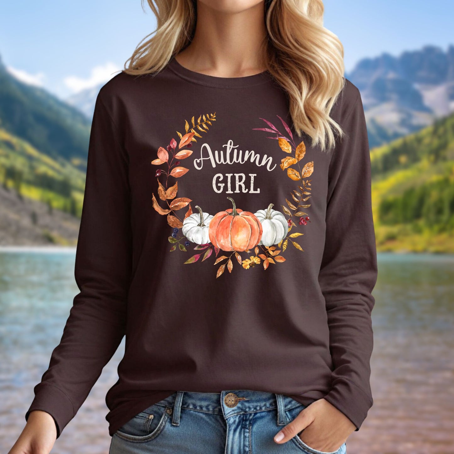 Autumn Girl Pumpkin Wreath Long Sleeve Tee