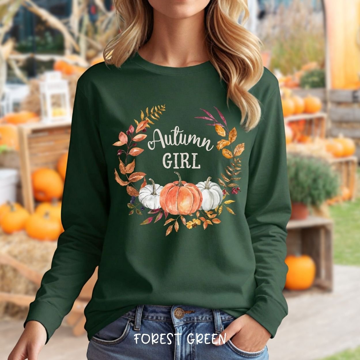 Autumn Girl Pumpkin Wreath Long Sleeve Tee