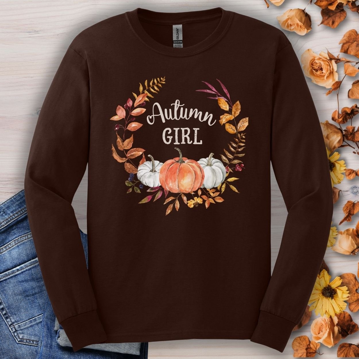 Autumn Girl Pumpkin Wreath Long Sleeve Tee