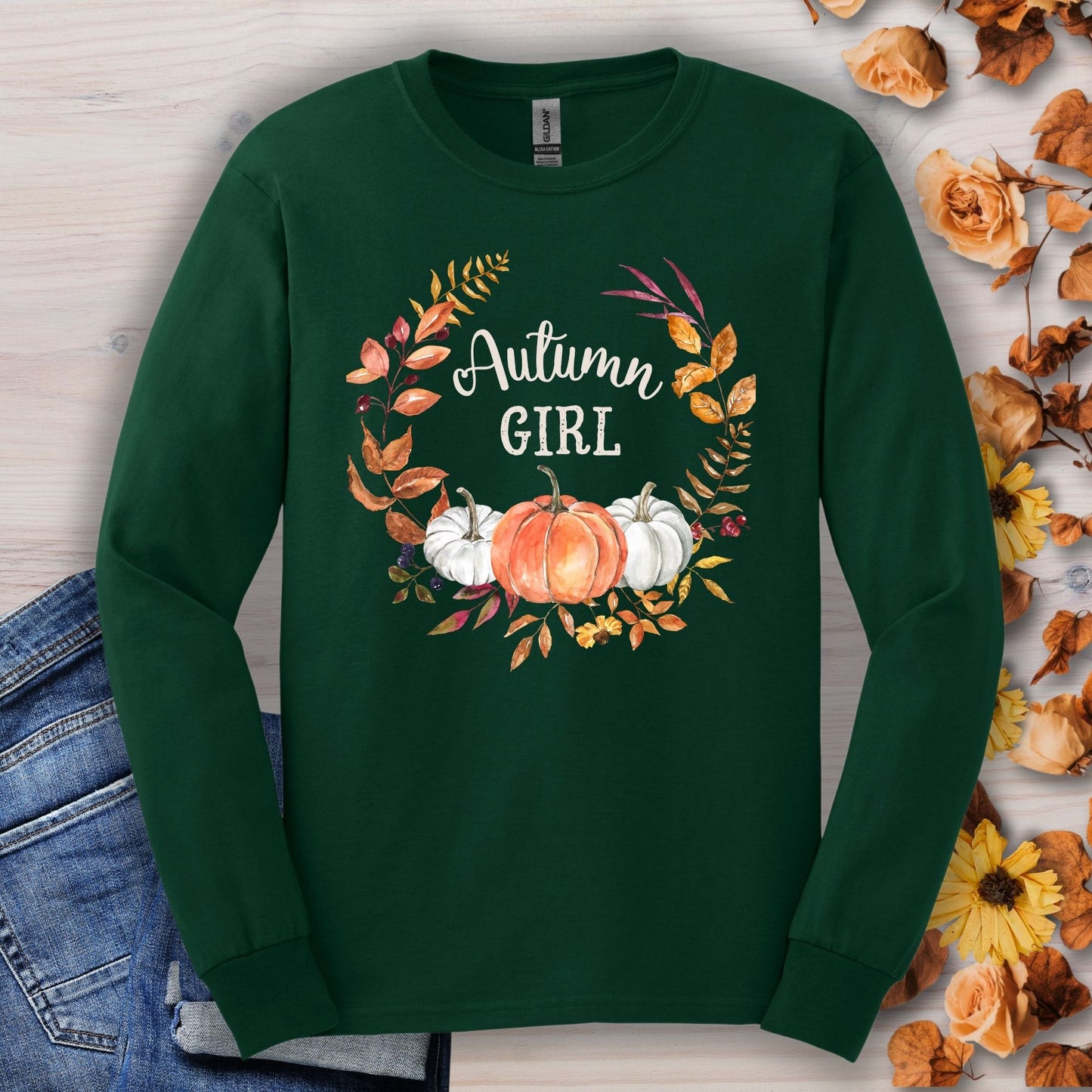 Autumn Girl Pumpkin Wreath Long Sleeve Tee