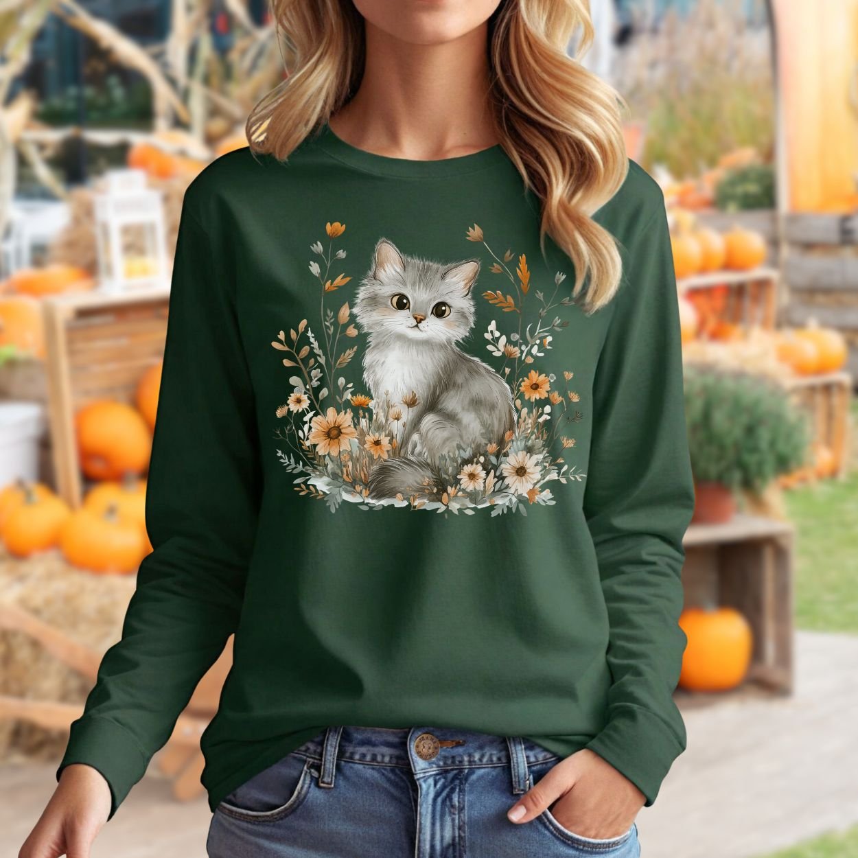 Autumn Grey Kitty with Wildflowers Long Sleeve Tee