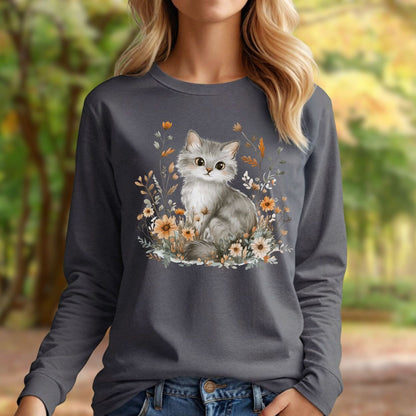 Autumn Grey Kitty with Wildflowers Long Sleeve Tee